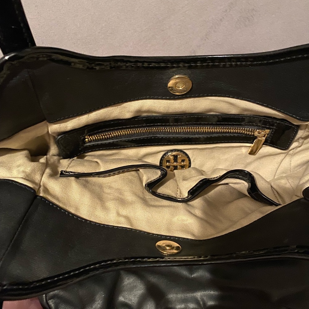 Tory Burch authentic patent leather coated canvas tote bag